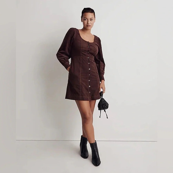 Madewell Corduroy Seamed Long-Sleeve Mini Dress in Chocolate Raisin color SZ 0 P - Picture 1 of 13